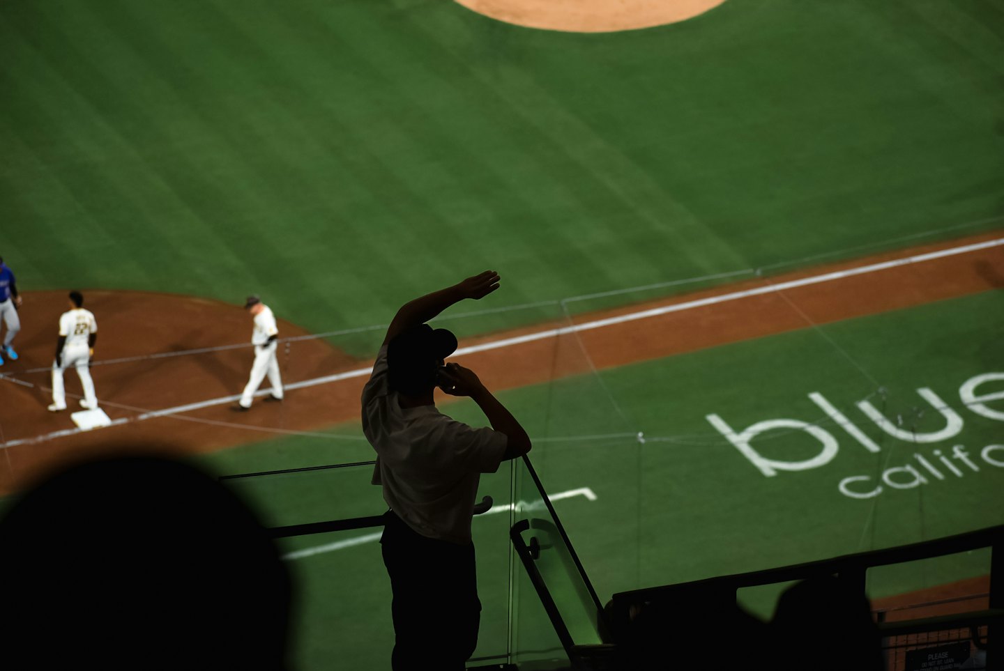 Spectator leans over a railing watching a baseball game.